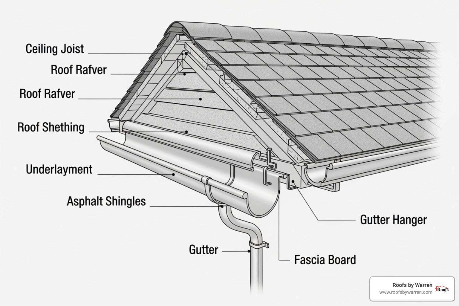 diagram showing the correct placement of a gutter behind the drip edge and the angle of the slope - proper gutter placement