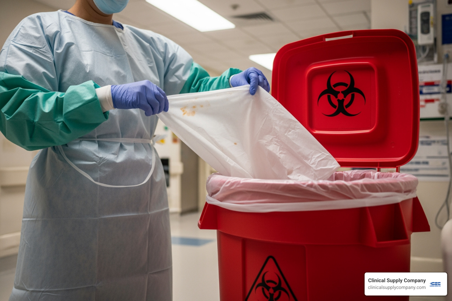 healthcare worker properly disposing of a gown in a biohazard bin - disposable isolation gown aami level 2