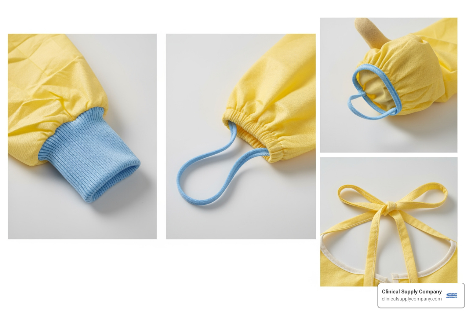 close-ups of different gown features like knit cuffs, thumb loops, and tie closures - disposable isolation gown aami level 2