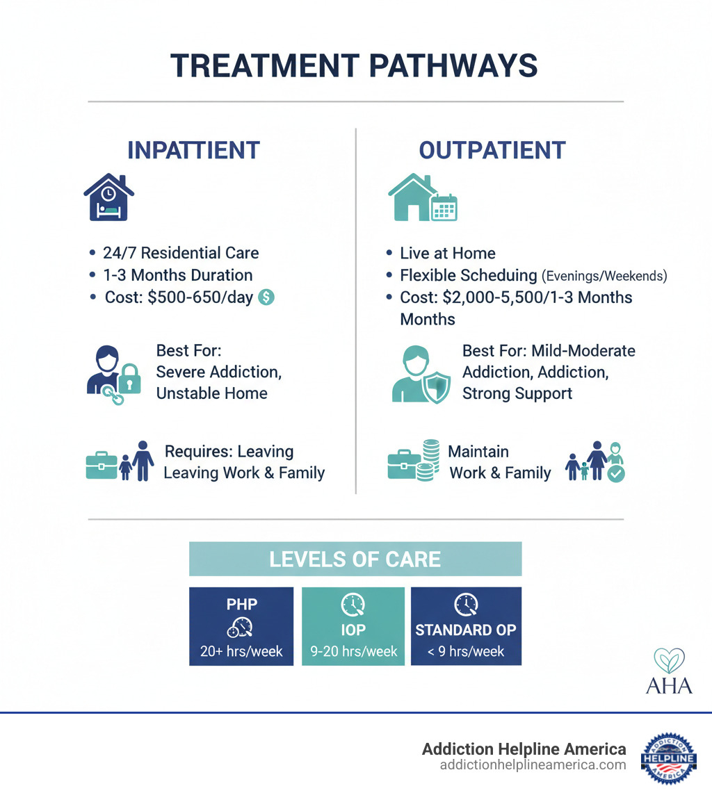 Infographic comparing inpatient and outpatient drug treatment: Inpatient shows 24/7 residential care, 1-3 months duration, higher cost $500-650 per day, best for severe addiction and unstable home environments, requires leaving work and family. Outpatient shows live at home, flexible scheduling (evenings/weekends available), lower cost $2,000-5,500 for 1-3 months, best for mild-moderate addiction with strong support system, maintain work and family responsibilities, three levels of care PHP 20+ hours weekly, IOP 9-20 hours weekly, Standard OP less than 9 hours weekly - outpatient drug treatment infographic Infographic comparing inpatient and outpatient drug treatment: Inpatient shows 24/7 residential care, 1-3 months duration, higher cost $500-650 per day, best for severe addiction and unstable home environments, requires leaving work and family. Outpatient shows live at home, flexible scheduling (evenings/weekends available), lower cost $2,000-5,500 for 1-3 months, best for mild-moderate addiction with strong support system, maintain work and family responsibilities, three levels of care PHP 20+ hours weekly, IOP 9-20 hours weekly, Standard OP less than 9 hours weekly - outpatient drug treatment infographic