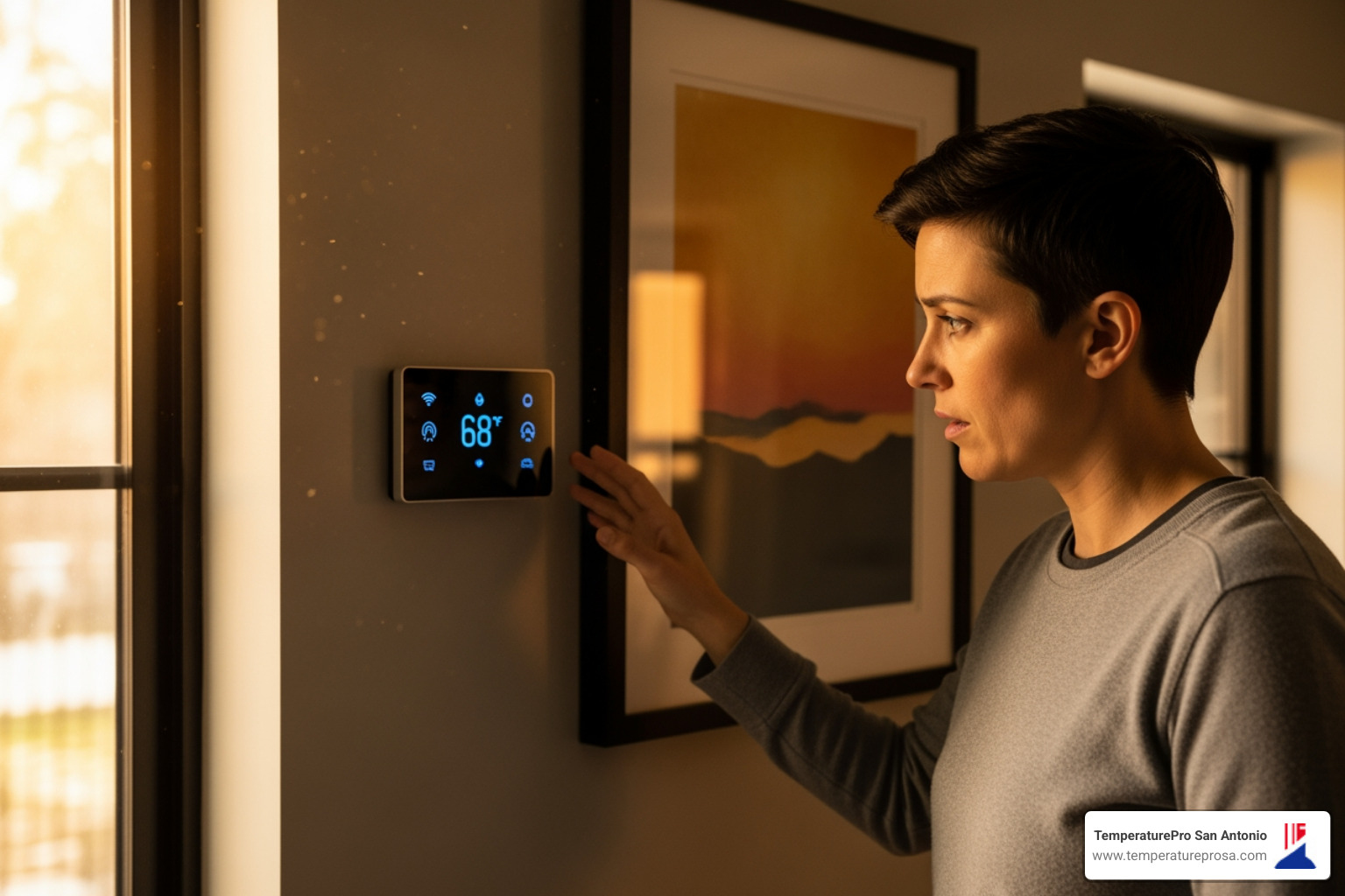 homeowner looking at their thermostat with a concerned expression - heat pump tune-up in hill country village tx homeowner looking at their thermostat with a concerned expression - heat pump tune-up in hill country village tx
