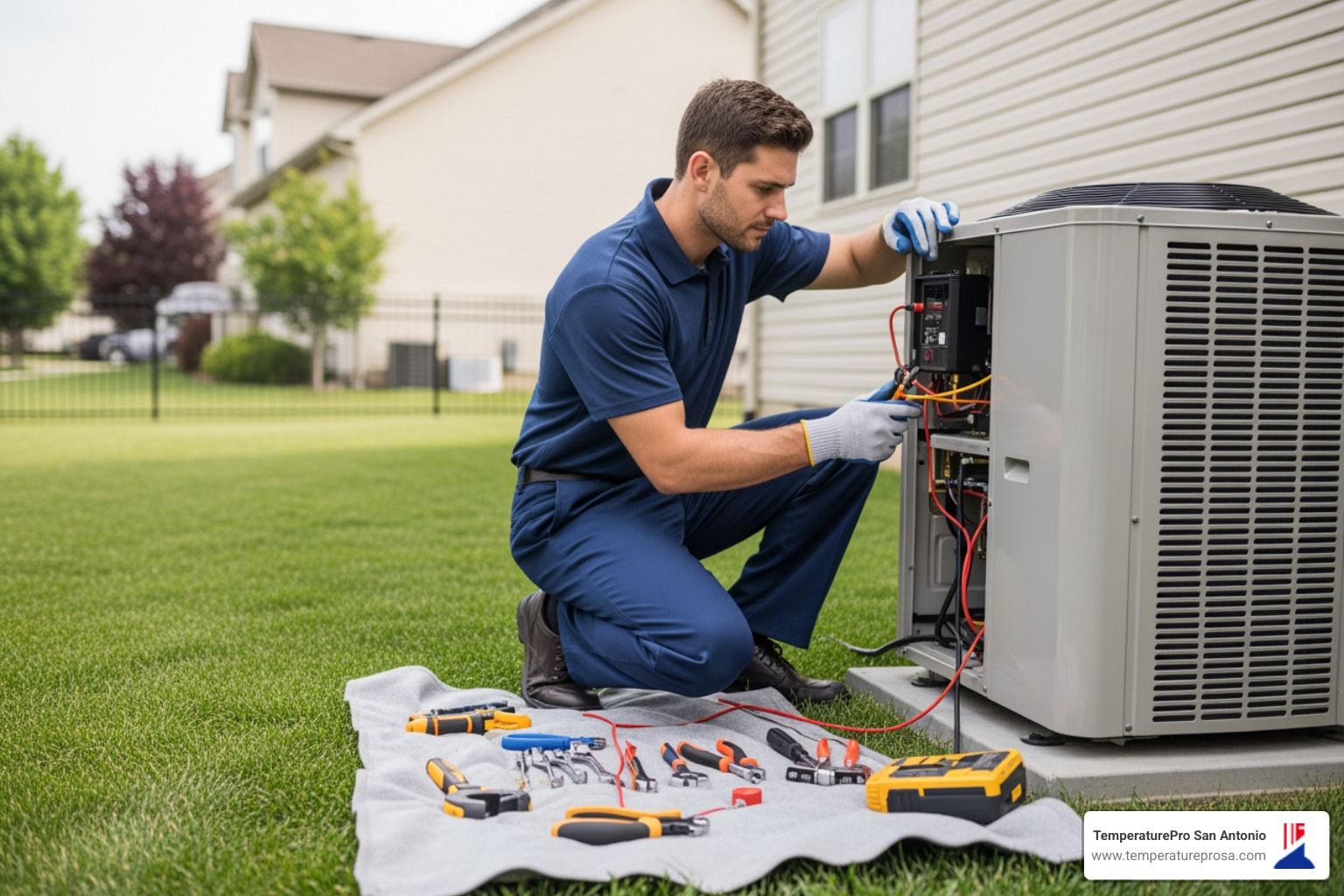 professional technician servicing an outdoor heat pump unit - heat pump tune-up in hill country village tx professional technician servicing an outdoor heat pump unit - heat pump tune-up in hill country village tx
