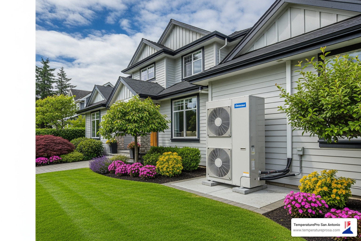 A modern, energy-efficient heat pump unit installed outside a well-maintained home, symbolizing comfort and reliability. - licensed heat pump contractor in marion tx Heat pump installation outside a modern home in Marion, TX, surrounded by colorful landscaping and flowers, showcasing TemperaturePro branding.