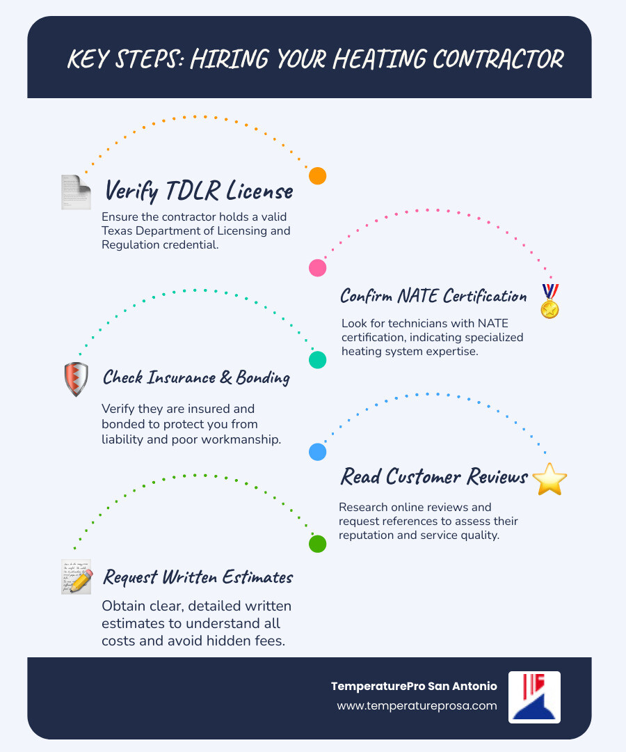infographic showing the key steps to hiring a licensed heating contractor including verifying TDLR license, checking NATE certification, confirming insurance coverage, reading customer reviews, and requesting written estimates - licensed heating contractor in shavano park tx infographic infographic-line-5-steps-blues-accent_colors infographic showing the key steps to hiring a licensed heating contractor including verifying TDLR license, checking NATE certification, confirming insurance coverage, reading customer reviews, and requesting written estimates - licensed heating contractor in shavano park tx infographic infographic-line-5-steps-blues-accent_colors