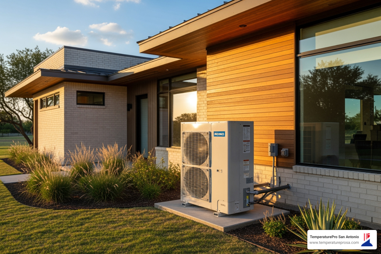 modern, energy-efficient heat pump unit outside a Texas home - licensed heating contractor in shavano park tx modern, energy-efficient heat pump unit outside a Texas home - licensed heating contractor in shavano park tx
