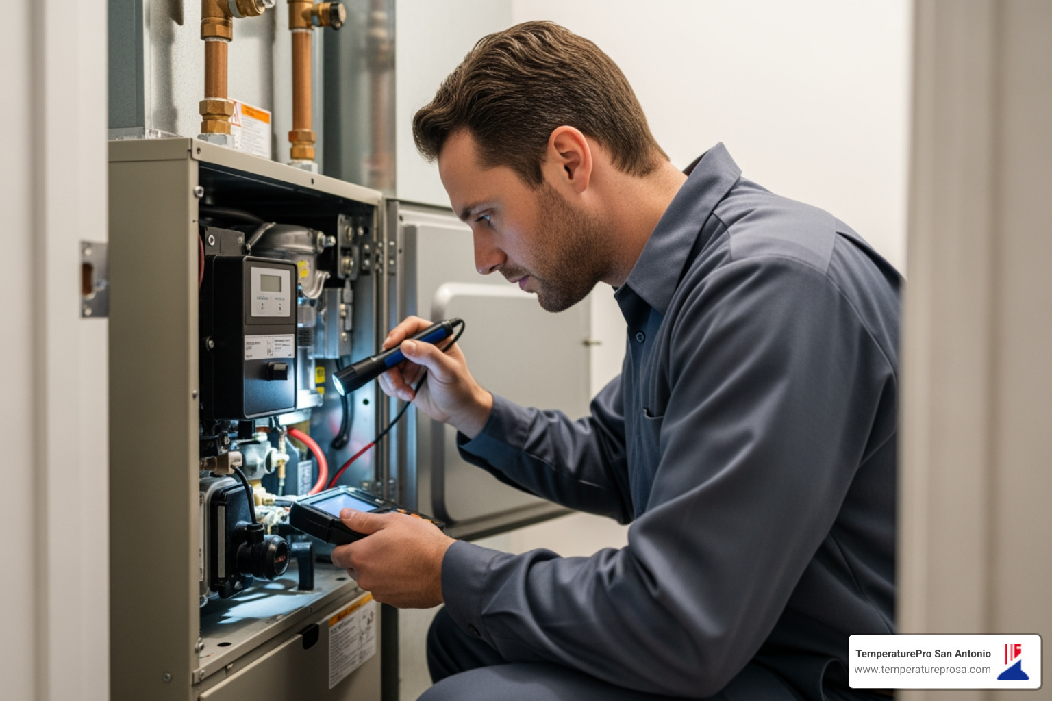 professional technician inspecting a furnace - licensed heating contractor in shavano park tx professional technician inspecting a furnace - licensed heating contractor in shavano park tx