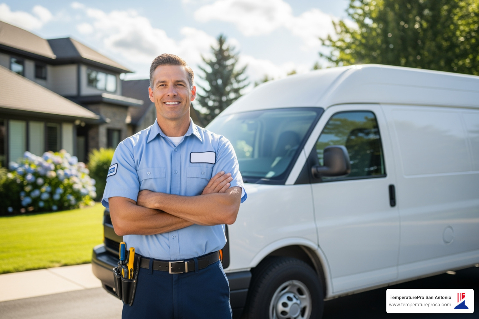A friendly, professional HVAC technician smiling in front of a service van, ready to assist with heat pump services. - licensed heat pump contractor in marion tx Licensed HVAC technician in uniform standing confidently with arms crossed in front of a service van and residential home, representing TemperaturePro San Antonio's commitment to quality heat pump services.