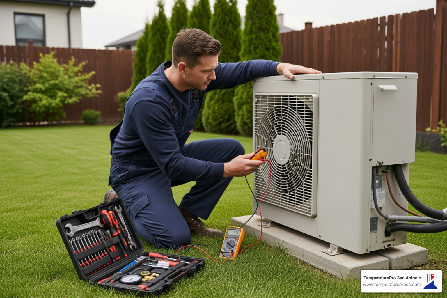 A skilled technician carefully inspecting an outdoor heat pump unit, performing routine maintenance. - licensed heat pump contractor in marion tx Technician servicing a heat pump unit in a residential yard, equipped with tools and multimeter, emphasizing professional HVAC maintenance in Marion, TX.