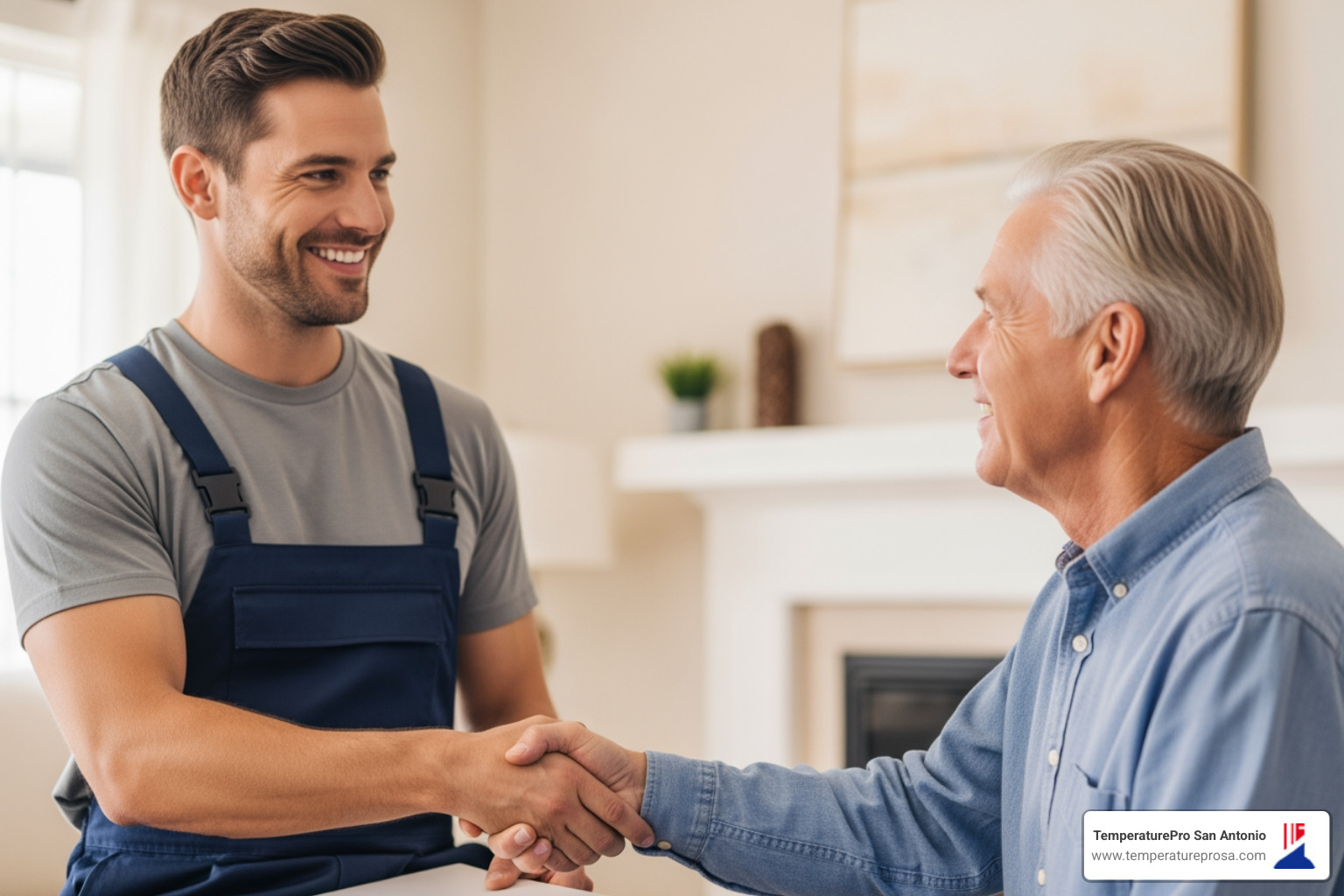 homeowner shaking hands with a friendly HVAC technician after a successful service - licensed heating contractor in shavano park tx homeowner shaking hands with a friendly HVAC technician after a successful service - licensed heating contractor in shavano park tx