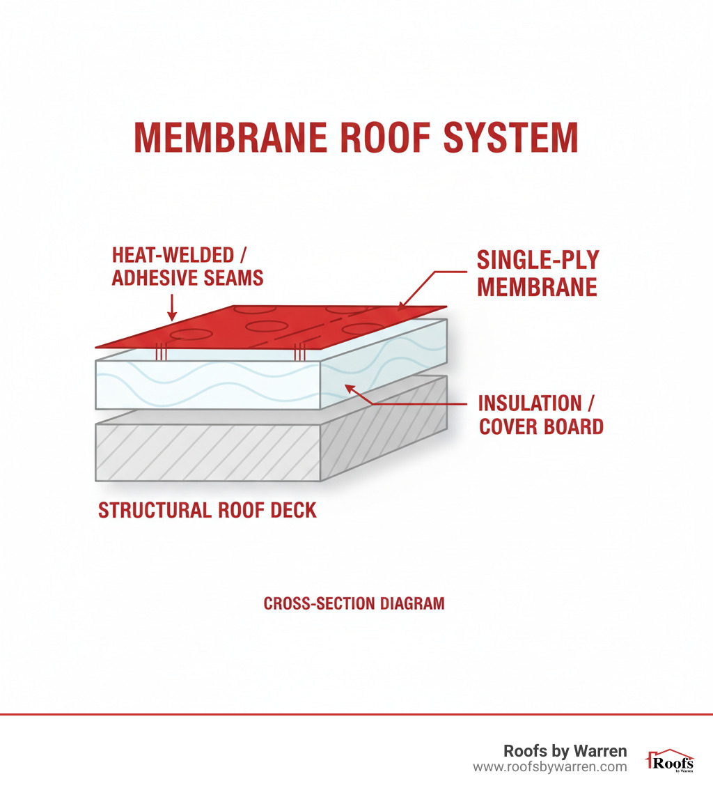 infographic showing cross-section of membrane roof system with labeled layers: structural roof deck at bottom, insulation or cover board in middle, and single-ply membrane on top with heat-welded or adhesive seams - membrane roof installation infographic 