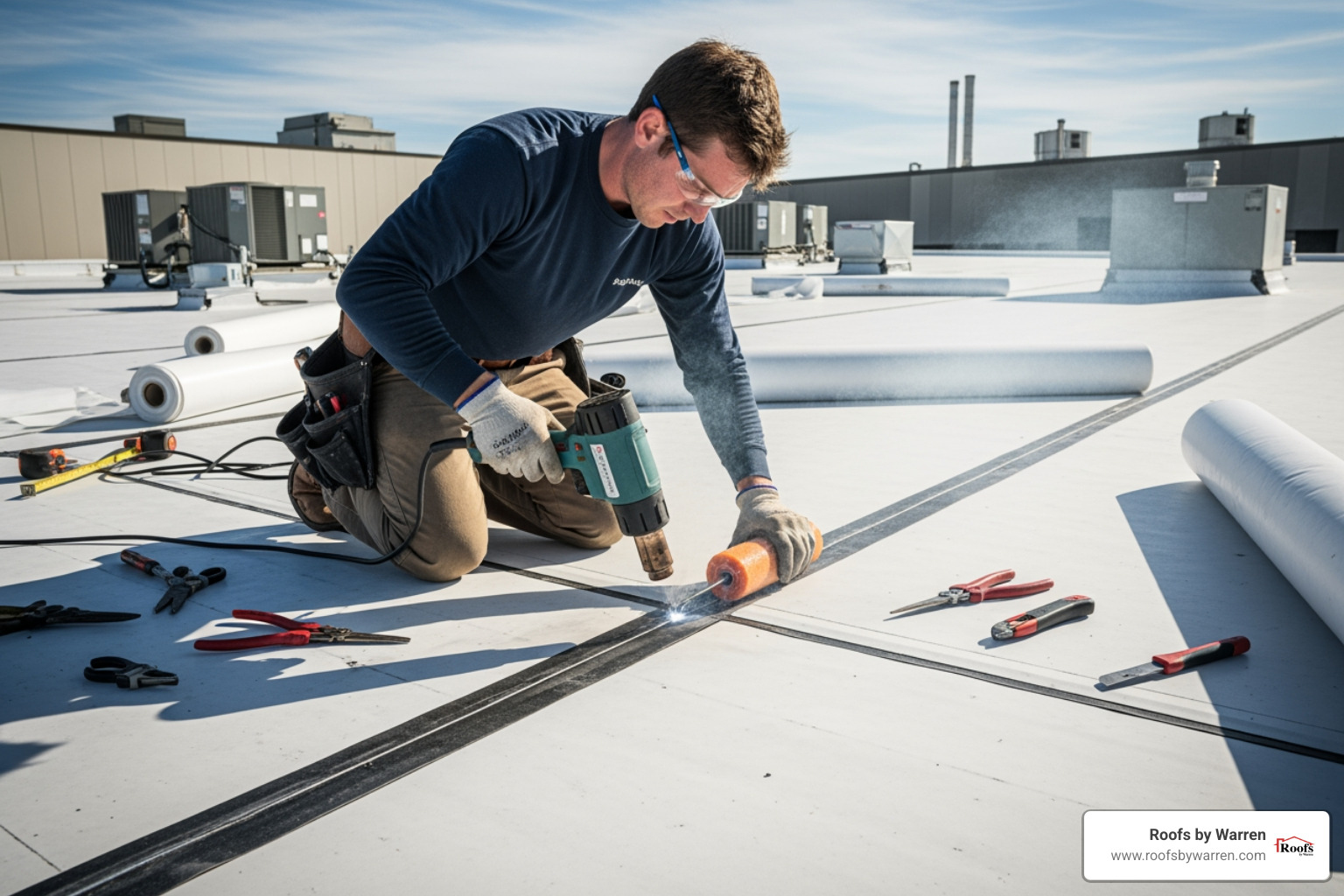 roofer using a heat welder on a TPO seam - membrane roof installation