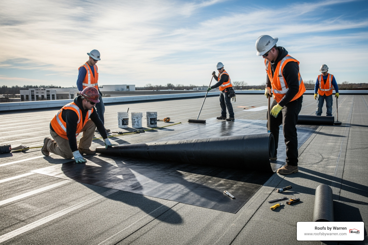 roofers rolling out a large sheet of membrane - membrane roof installation