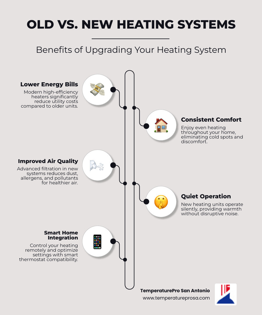 infographic comparing old heating system drawbacks versus new system benefits including lower energy bills, consistent comfort, improved air quality, quieter operation, smart controls, and longer warranty coverage - heating replacement in bergheim tx infographic infographic-line-5-steps-elegant_beige infographic comparing old heating system drawbacks versus new system benefits including lower energy bills, consistent comfort, improved air quality, quieter operation, smart controls, and longer warranty coverage - heating replacement in bergheim tx infographic infographic-line-5-steps-elegant_beige