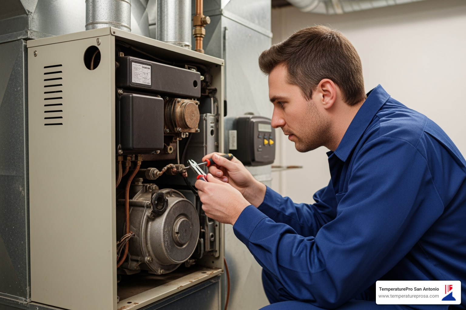 professional technician inspecting an old furnace - heating replacement in bergheim tx professional technician inspecting an old furnace - heating replacement in bergheim tx