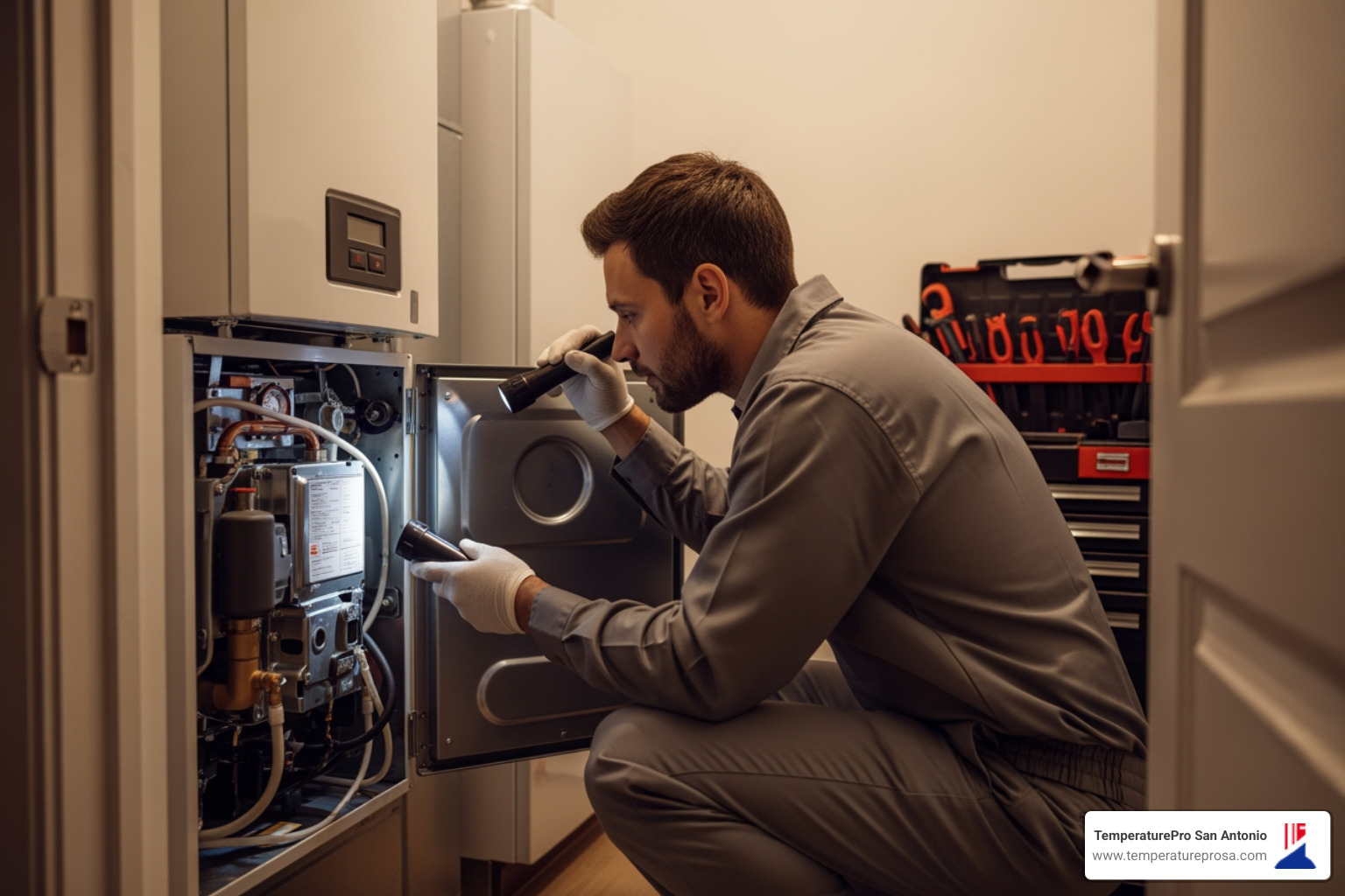 technician performing routine maintenance on a new heating system - heating replacement in bergheim tx technician performing routine maintenance on a new heating system - heating replacement in bergheim tx
