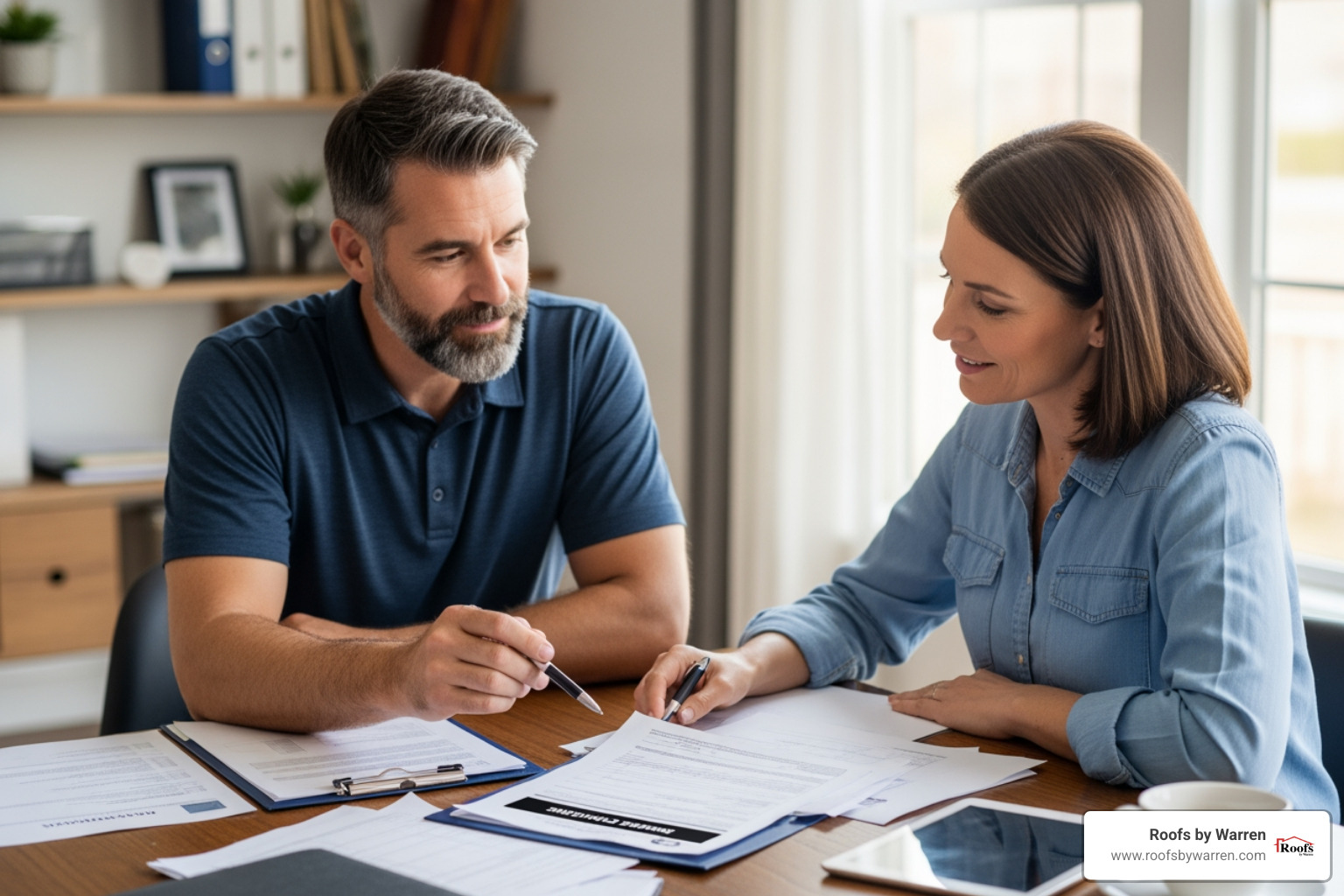 A contractor and homeowner reviewing a document together, possibly an insurance claim or repair estimate. - storm damage restoration