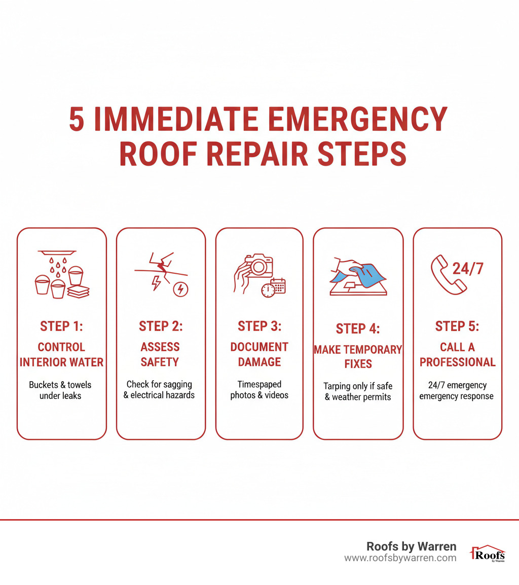 Infographic showing 5 immediate emergency roof repair steps: Step 1 - Control Interior Water with buckets and towels under leaks; Step 2 - Assess Safety by checking for sagging ceilings and electrical hazards; Step 3 - Document Damage with timestamped photos and videos; Step 4 - Make Temporary Fixes such as tarping only if weather permits and it's safe; Step 5 - Call a Professional roofer for 24/7 emergency response - Emergency roof repair infographic 