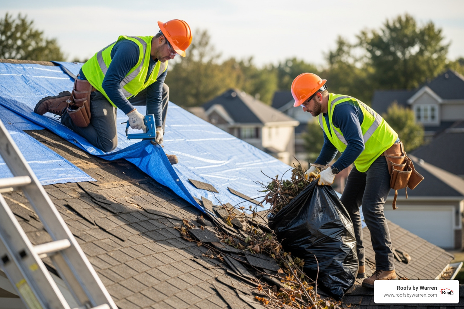 A professional restoration crew works on a damaged roof, securing a tarp and removing debris. - storm damage restoration