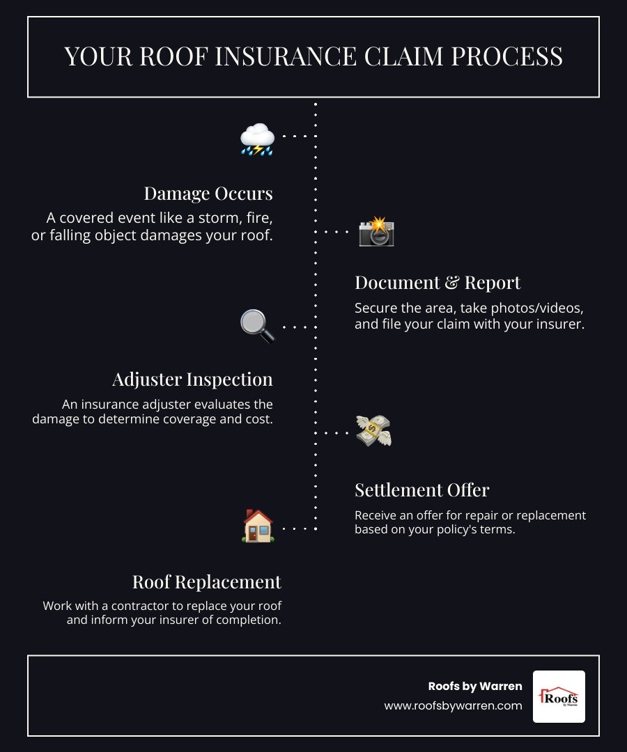 infographic showing the insurance claim process flow: damage occurs, document and report, adjuster inspection, settlement offer, roof replacement, notify insurer of completion - can i claim a new roof on my insurance infographic infographic-line-5-steps-dark