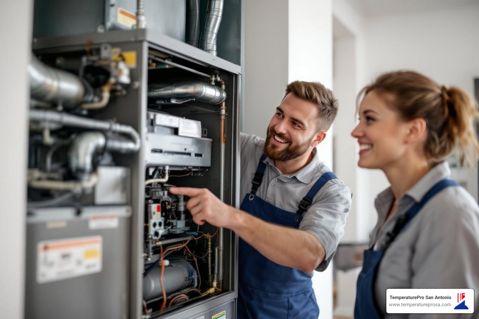 friendly technician explaining a part to a homeowner - heating repair in helotes tx friendly technician explaining a part to a homeowner - heating repair in helotes tx