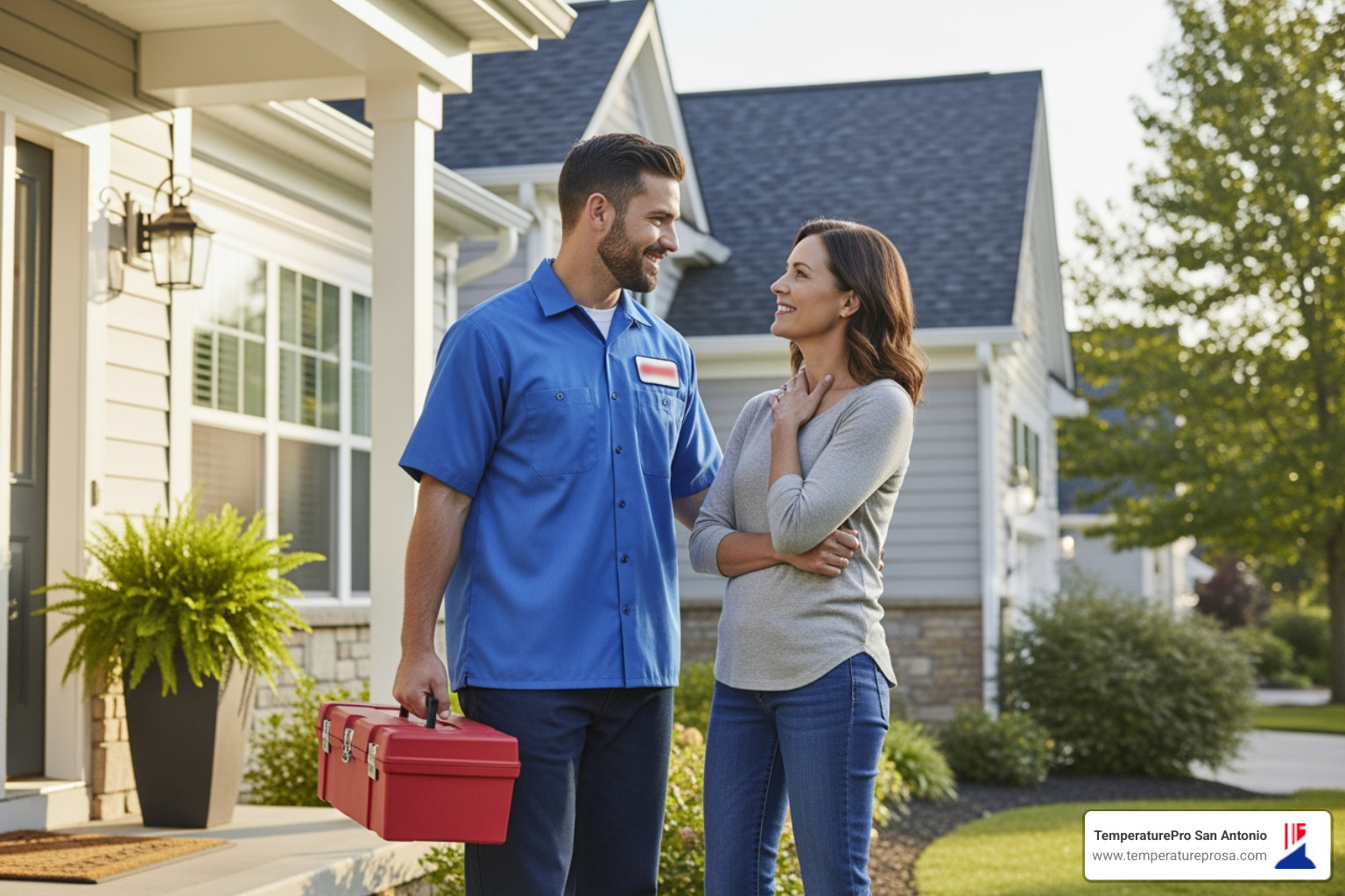 A friendly, professional HVAC technician arriving at a home, carrying a toolbox, ready to assess an emergency heat pump repair situation. The technician is smiling and the homeowner looks relieved. - emergency heat pump repair in helotes tx A friendly, professional HVAC technician arriving at a home, carrying a toolbox, ready to assess an emergency heat pump repair situation. The technician is smiling and the homeowner looks relieved. - emergency heat pump repair in helotes tx
