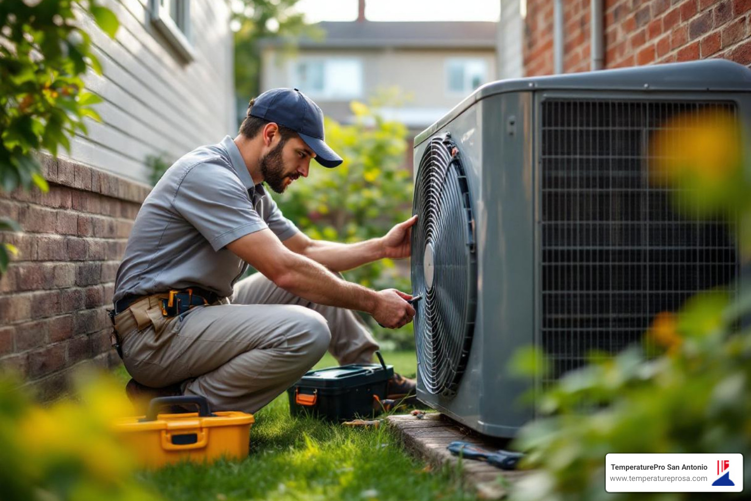 of a technician performing maintenance on an outdoor heat pump unit - emergency heat pump repair in helotes tx of a technician performing maintenance on an outdoor heat pump unit - emergency heat pump repair in helotes tx