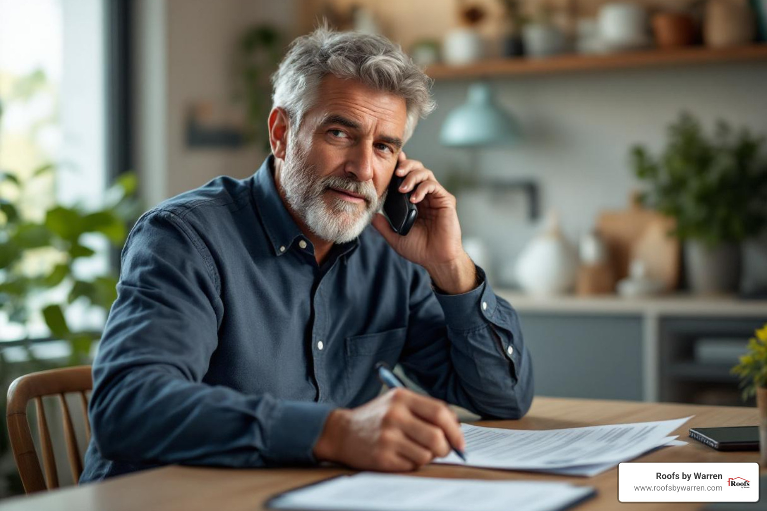 homeowner on the phone, holding an insurance policy document and a notepad - can i claim a new roof on my insurance