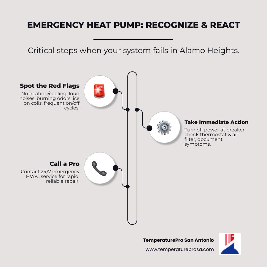 Infographic showing emergency heat pump warning signs including complete system failure, loud grinding noises, burning smells, ice on coils, no heating or cooling output, and frequent on-off cycling, with immediate action steps: turn off power at breaker, check thermostat and filter, call 24/7 professional service, document all symptoms - emergency heat pump repair in alamo heights tx infographic infographic-line-3-steps-elegant_beige Infographic showing emergency heat pump warning signs including complete system failure, loud grinding noises, burning smells, ice on coils, no heating or cooling output, and frequent on-off cycling, with immediate action steps: turn off power at breaker, check thermostat and filter, call 24/7 professional service, document all symptoms - emergency heat pump repair in alamo heights tx infographic infographic-line-3-steps-elegant_beige