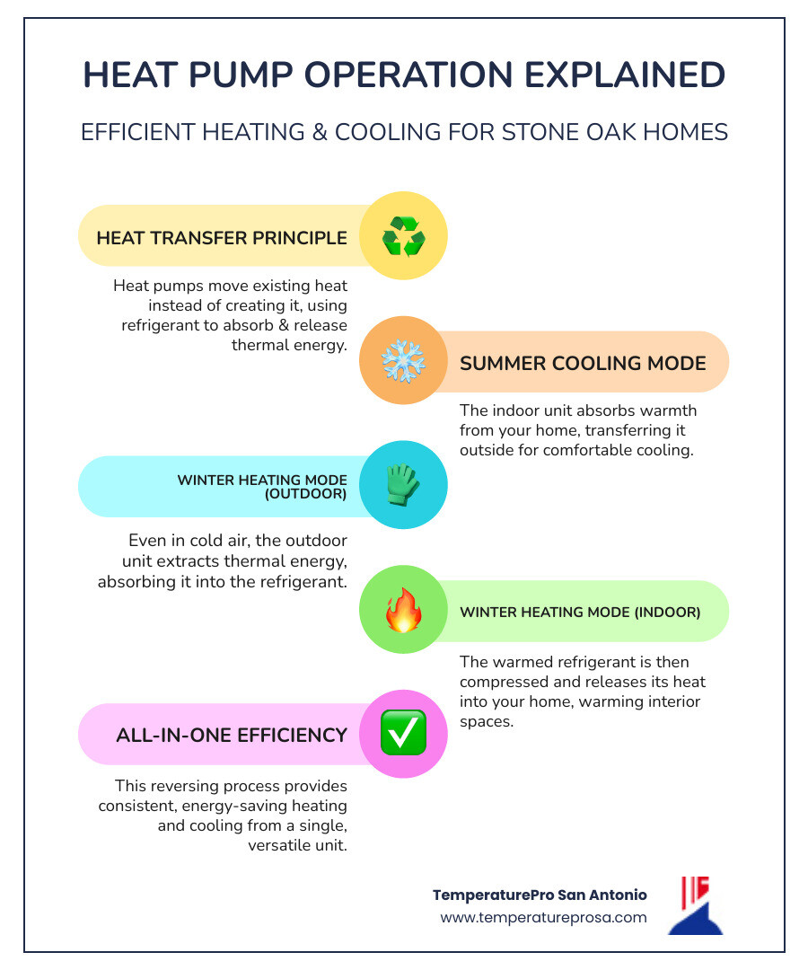infographic showing how a heat pump transfers heat in both heating and cooling modes, with arrows indicating heat flow direction, labeled components including compressor, reversing valve, indoor and outdoor coils, and callouts for energy savings and year-round comfort - affordable heat pump installation in stone oak tx infographic infographic-line-5-steps-colors infographic showing how a heat pump transfers heat in both heating and cooling modes, with arrows indicating heat flow direction, labeled components including compressor, reversing valve, indoor and outdoor coils, and callouts for energy savings and year-round comfort - affordable heat pump installation in stone oak tx infographic infographic-line-5-steps-colors