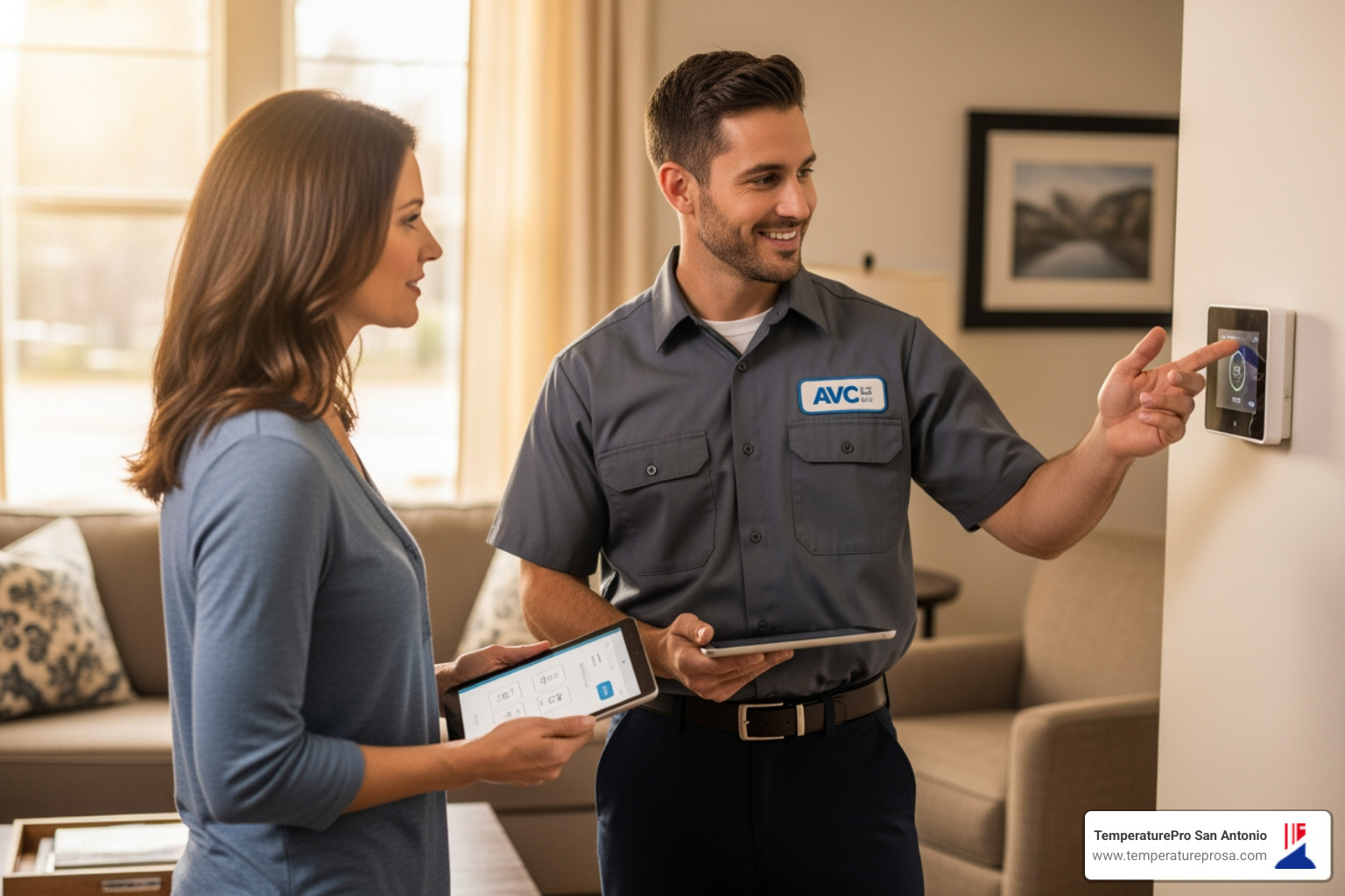 friendly HVAC technician explaining a smart thermostat to a homeowner in their living room - affordable heat pump installation in stone oak tx friendly HVAC technician explaining a smart thermostat to a homeowner in their living room - affordable heat pump installation in stone oak tx