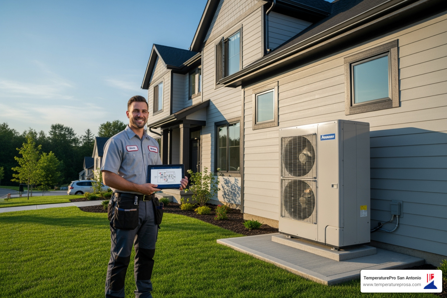 professional HVAC technician smiling while holding a tablet, standing in front of a modern home with a heat pump unit - affordable heat pump installation in stone oak tx professional HVAC technician smiling while holding a tablet, standing in front of a modern home with a heat pump unit - affordable heat pump installation in stone oak tx