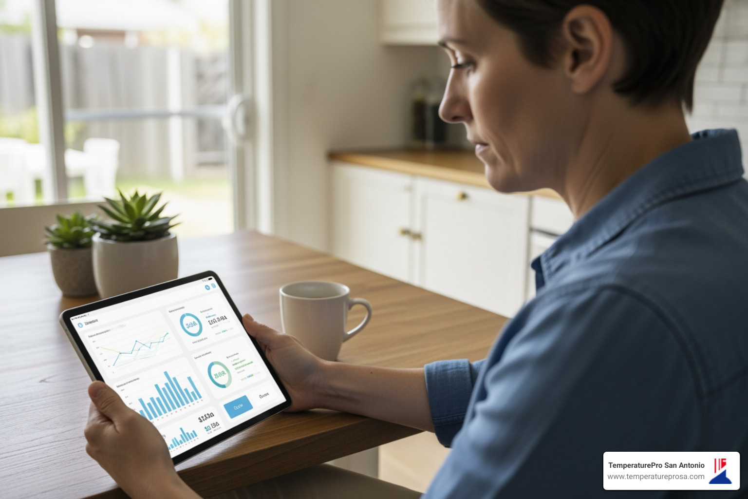 homeowner reviewing energy savings on a tablet - affordable heat pump installation in stone oak tx homeowner reviewing energy savings on a tablet - affordable heat pump installation in stone oak tx