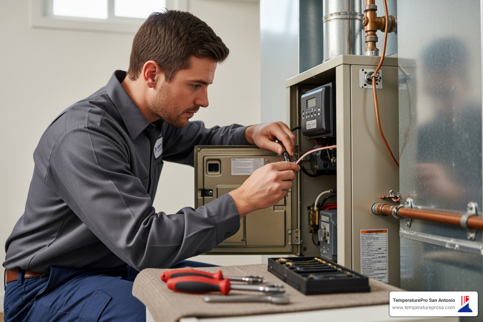 technician performing heating maintenance on a furnace - best heating company in bracken tx technician performing heating maintenance on a furnace - best heating company in bracken tx