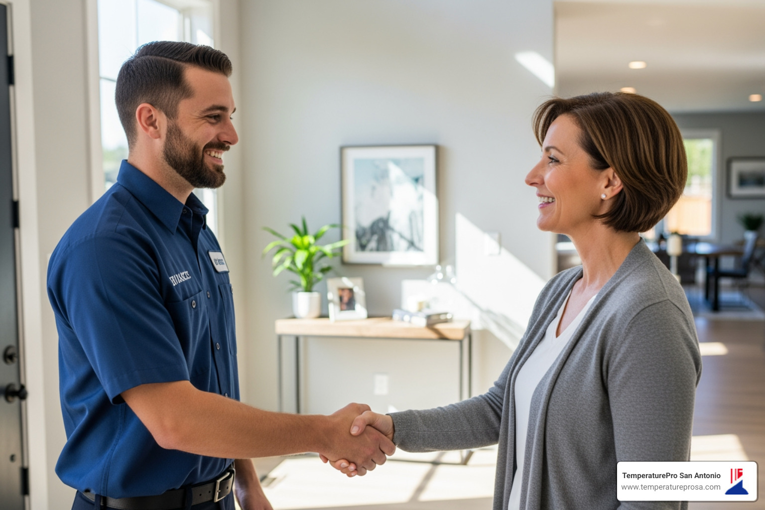 homeowner smiling and shaking hands with friendly HVAC technician - best heating company in bracken tx homeowner smiling and shaking hands with friendly HVAC technician - best heating company in bracken tx