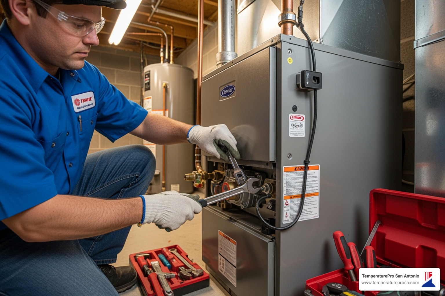 certified technician carefully installing a new furnace - affordable heating installation in cibolo tx certified technician carefully installing a new furnace - affordable heating installation in cibolo tx