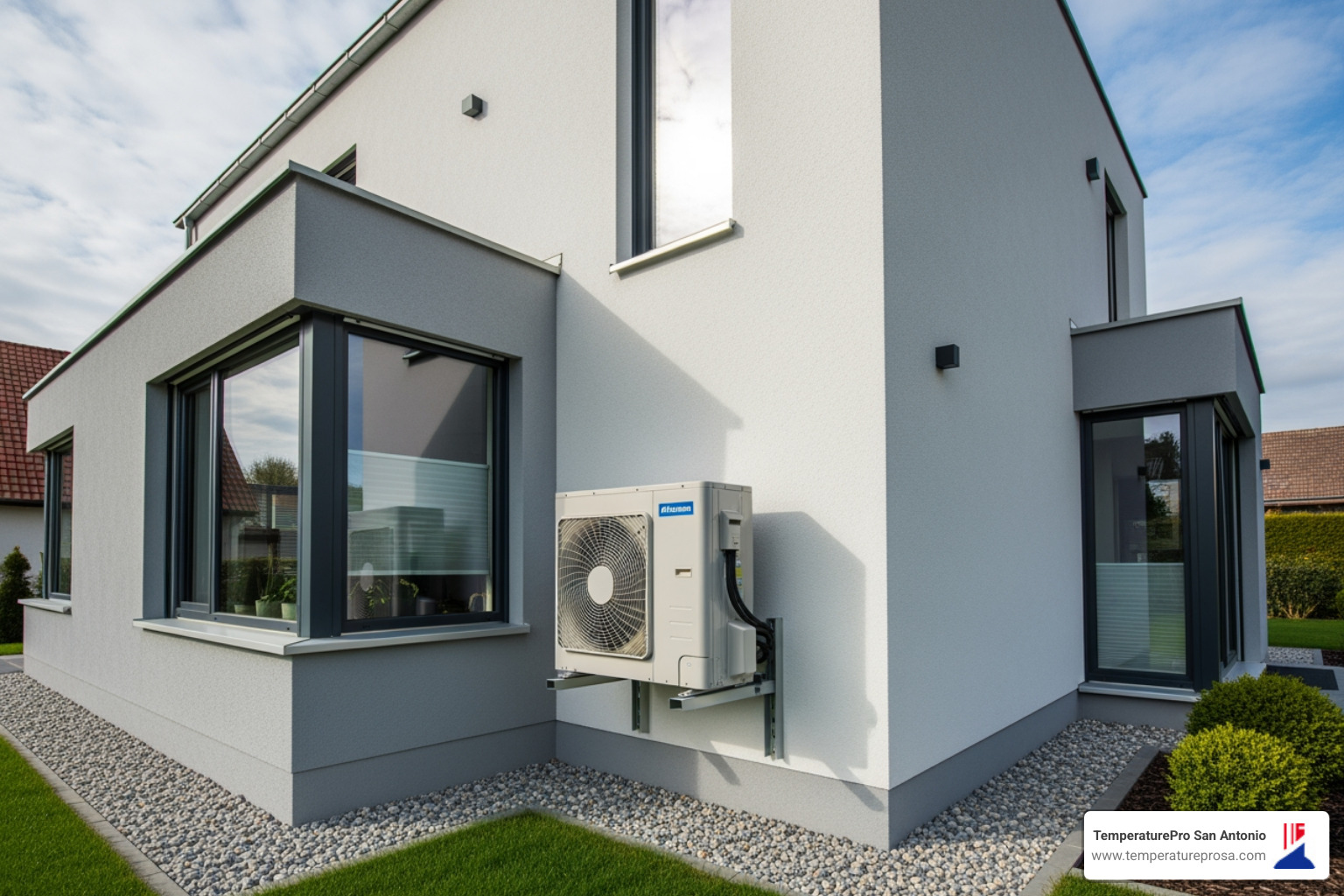 modern, high-efficiency heat pump installed on the side of a house - affordable heating installation in cibolo tx modern, high-efficiency heat pump installed on the side of a house - affordable heating installation in cibolo tx