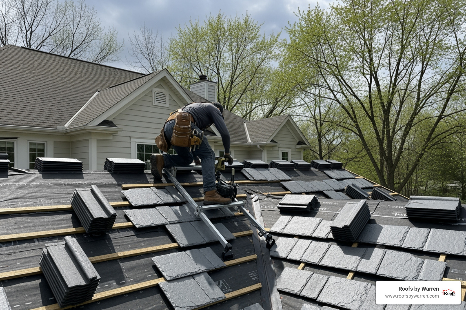 roofer installing imitation slate tiles - imitation slate roof