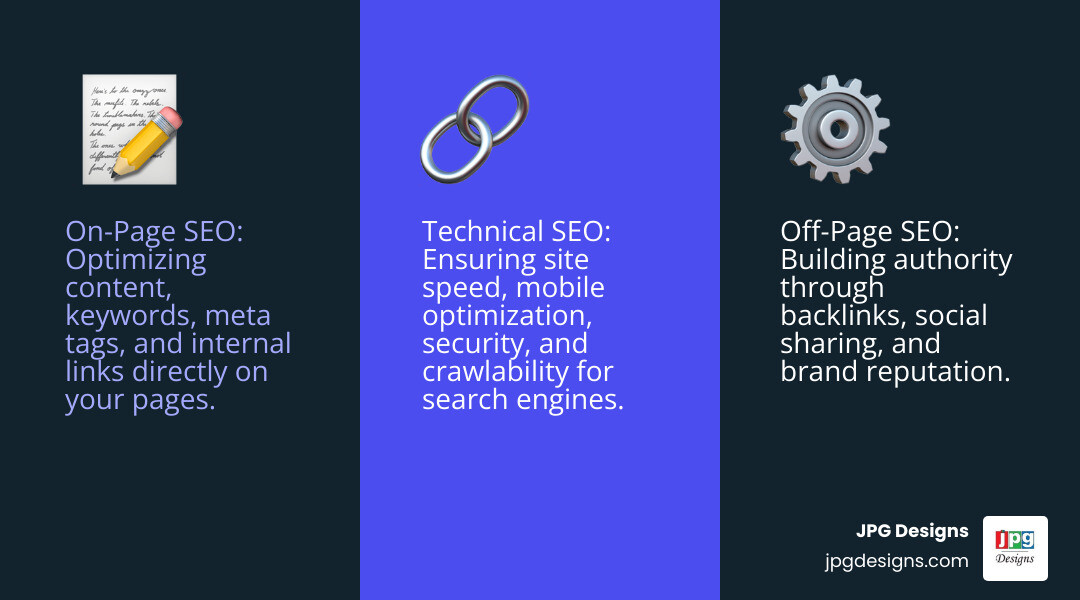 infographic showing three pillars: On-Page SEO (content, keywords, meta tags, internal links), Off-Page SEO (backlinks, social sharing, brand reputation), and Technical SEO (site speed, mobile optimization, security, crawlability) - how to seo optimize infographic 3_facts_emoji_blue