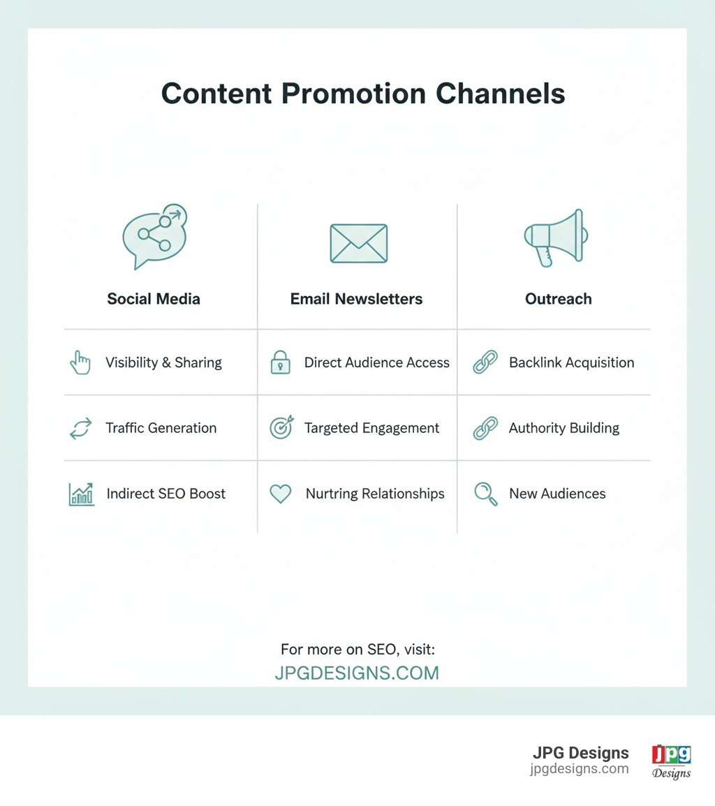 table comparing different content promotion channels: Social Media, Email Newsletters, Outreach - how to seo optimize infographic 