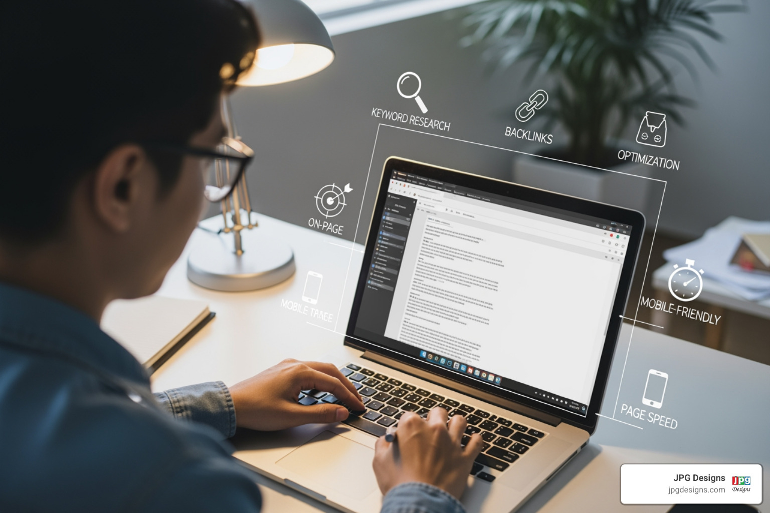 person writing content on a laptop with SEO checklist icons - how to seo optimize
