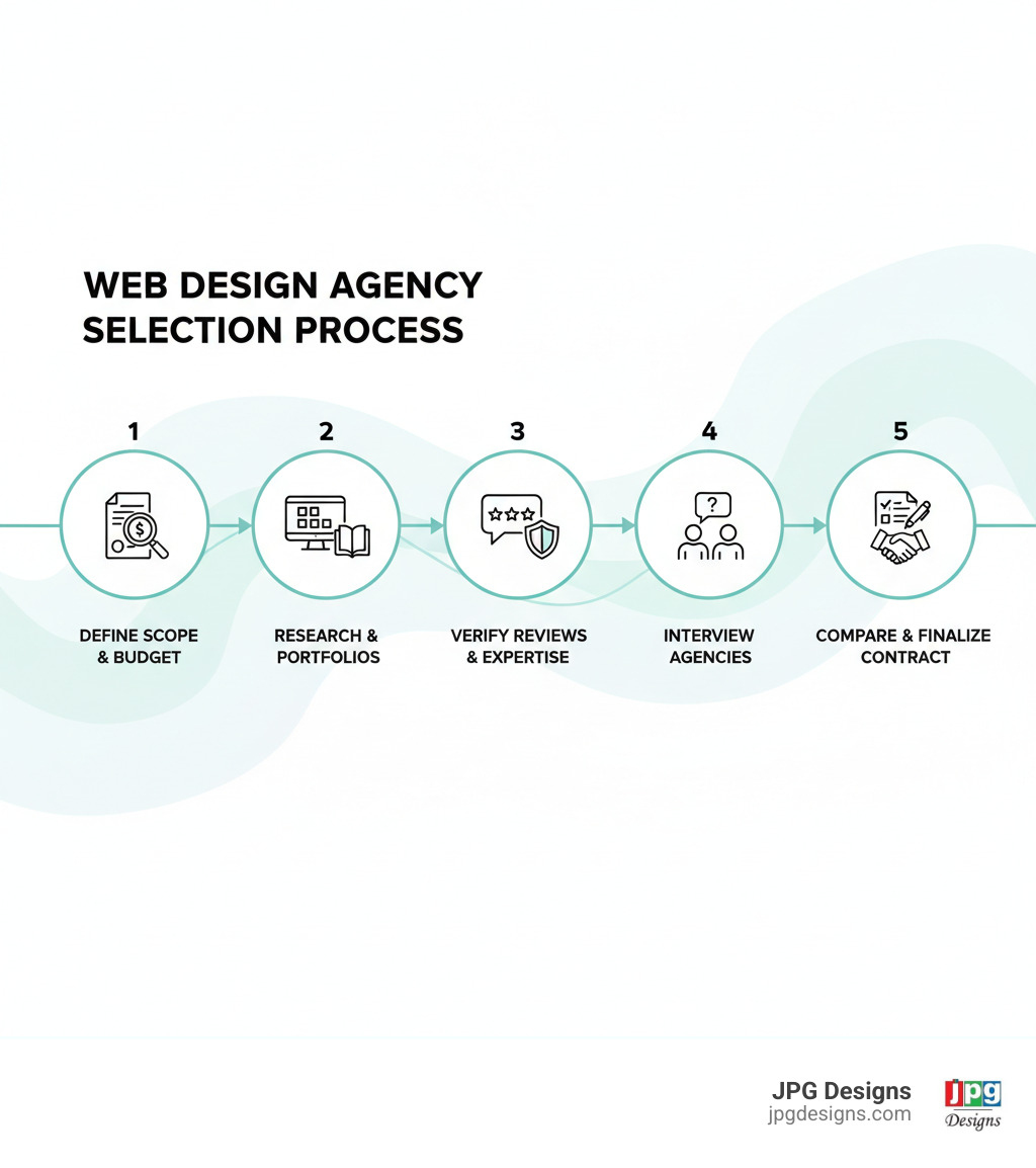 infographic showing the 5-step web design agency selection process: 1) define your project scope and budget, 2) research agencies and evaluate portfolios, 3) verify reviews and industry expertise, 4) interview shortlisted agencies about process and communication, 5) compare proposals and finalize contract with clear milestones - best website design companies infographic 