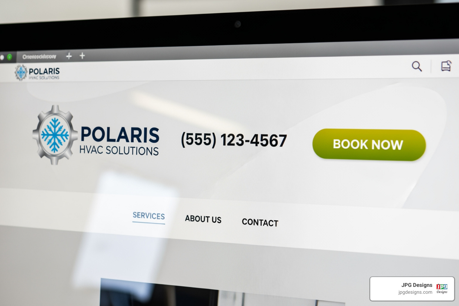 header of a well-designed HVAC website showing a clear logo, phone number, and "Book Now" button - hvac web designs