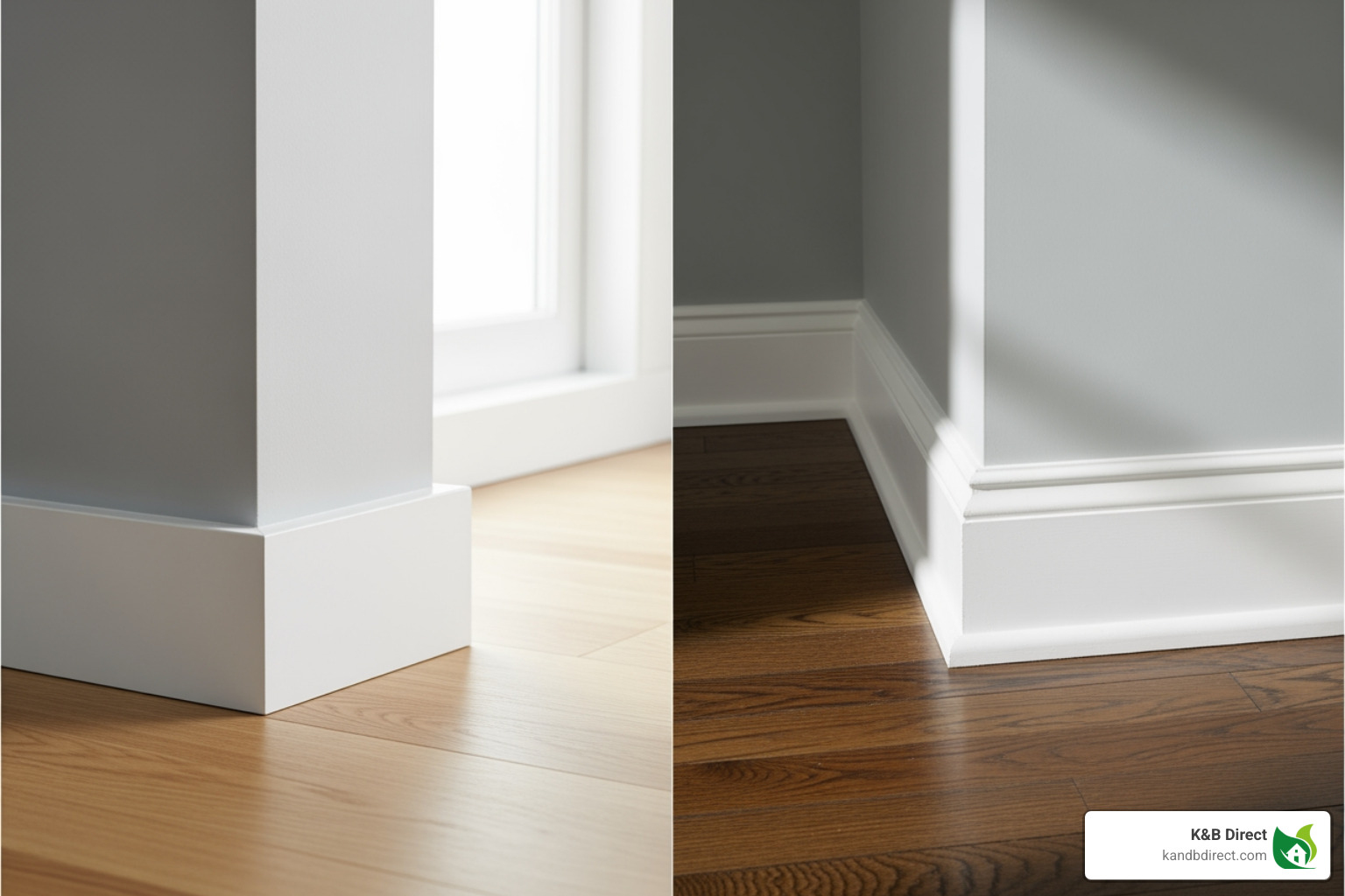 comparing a modern flat baseboard with a traditional sculpted colonial baseboard in a room setting - baseboard moulding