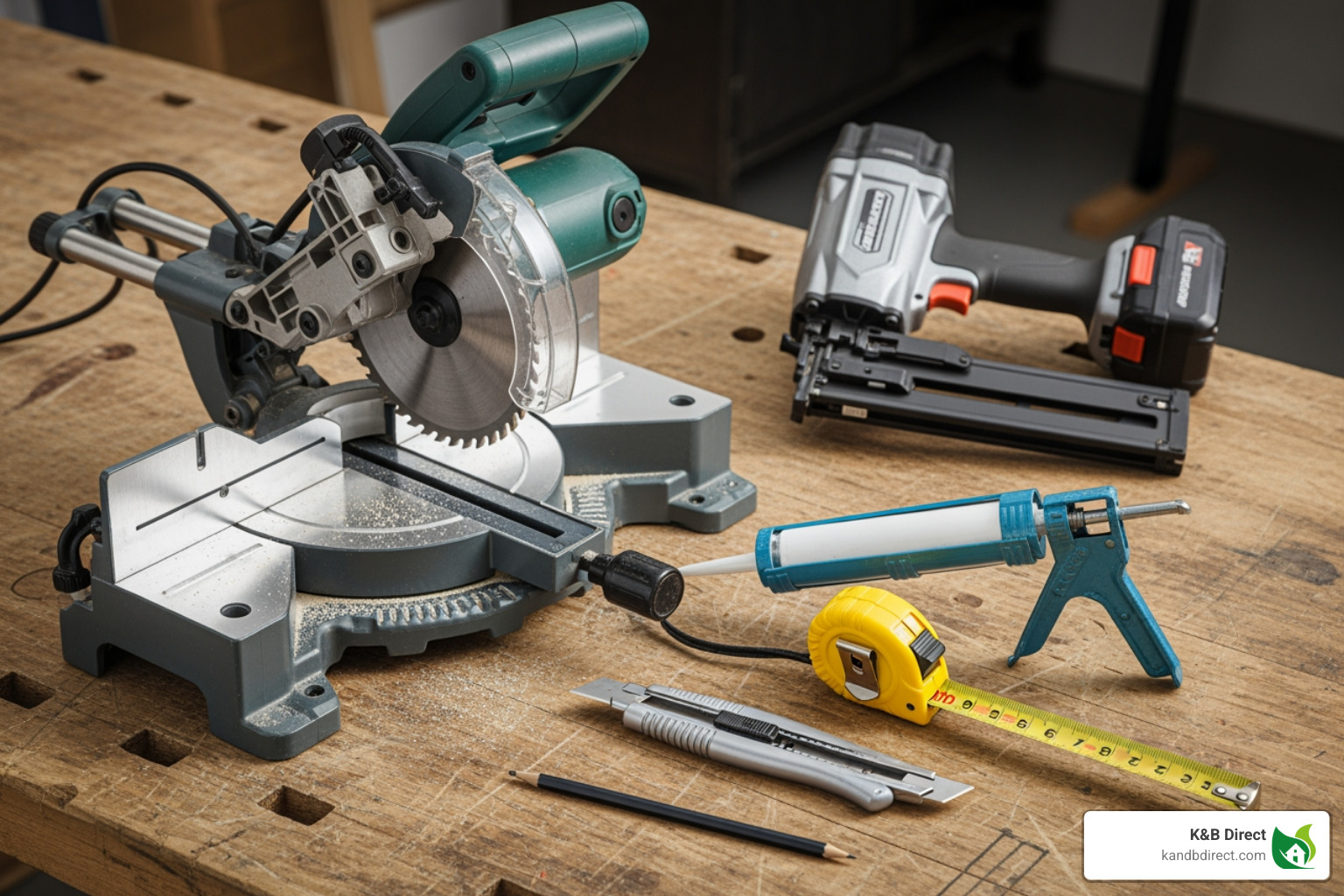essential tools for baseboard installation laid out neatly on a workbench - baseboard moulding