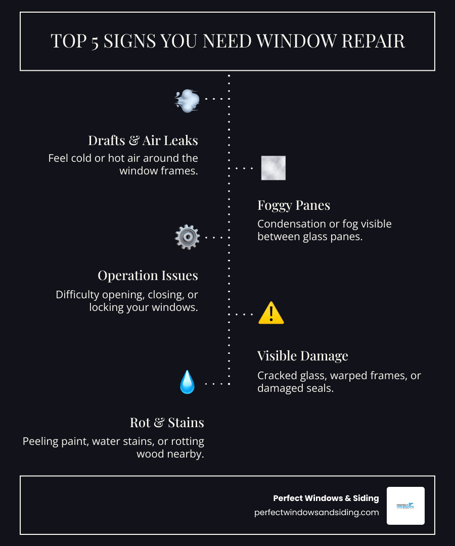 Infographic showing the top 5 signs you need window repair: 1. Drafts or air leaks around the frame, 2. Condensation or fog between window panes, 3. Difficulty opening, closing, or locking windows, 4. Visible cracks in glass or warped frames, 5. Peeling paint, water stains, or rotting wood around windows - home window repair near me infographic infographic-line-5-steps-dark