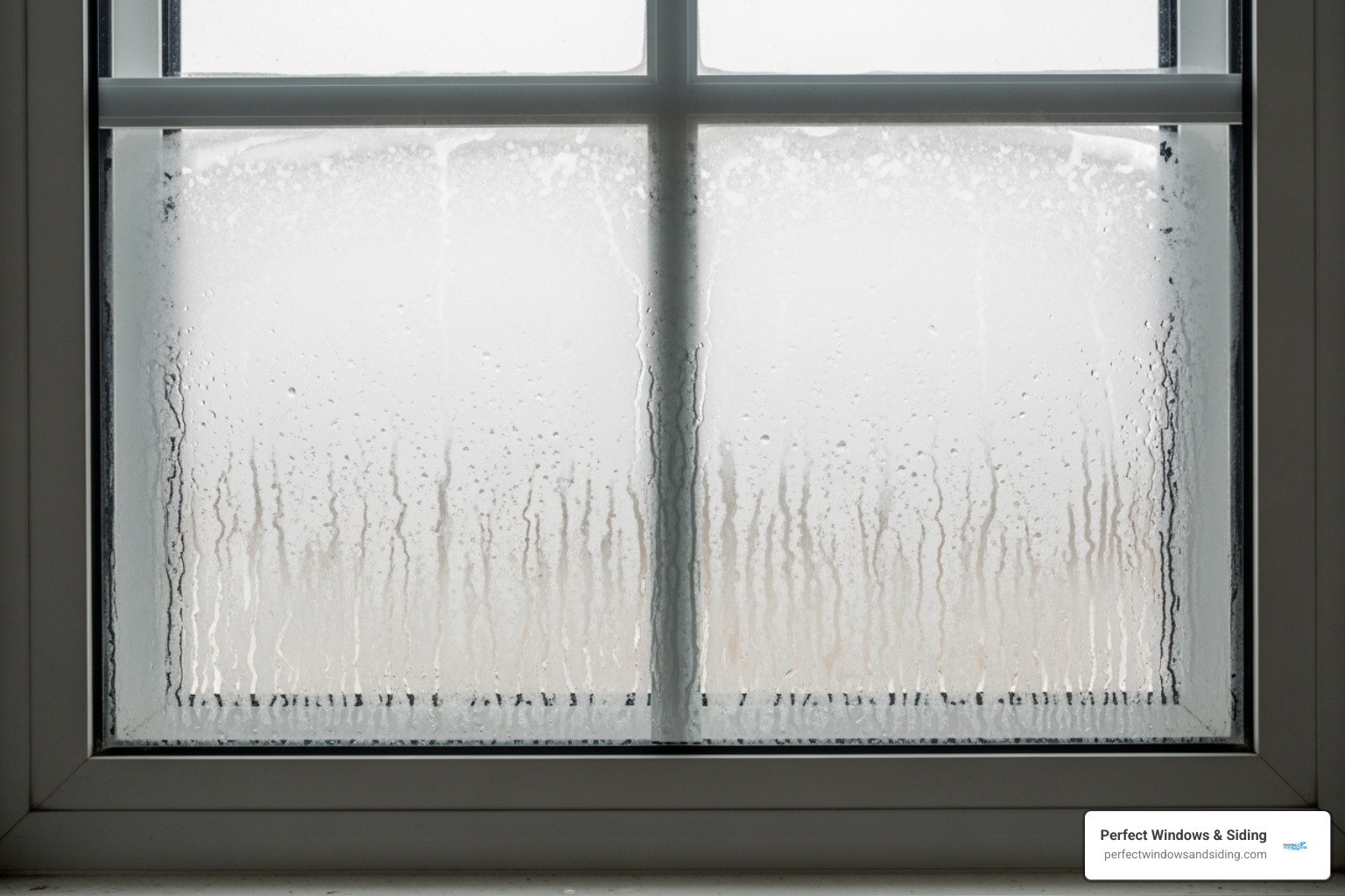 A close-up image of a foggy window with noticeable condensation between the panes. - home window repair near me