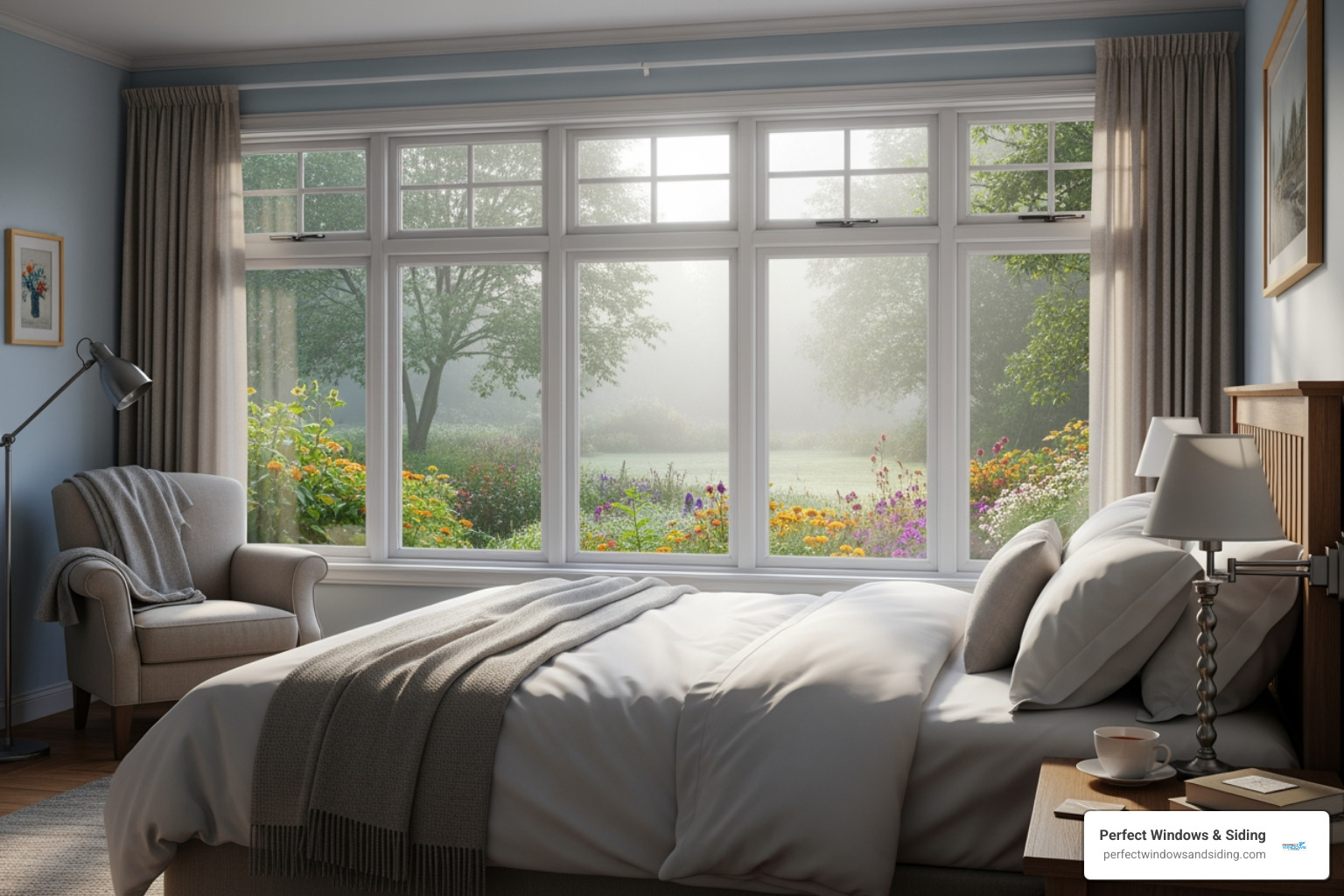 A quiet, comfortable bedroom with large, well-sealed windows looking out onto a peaceful scene. - home window repair near me