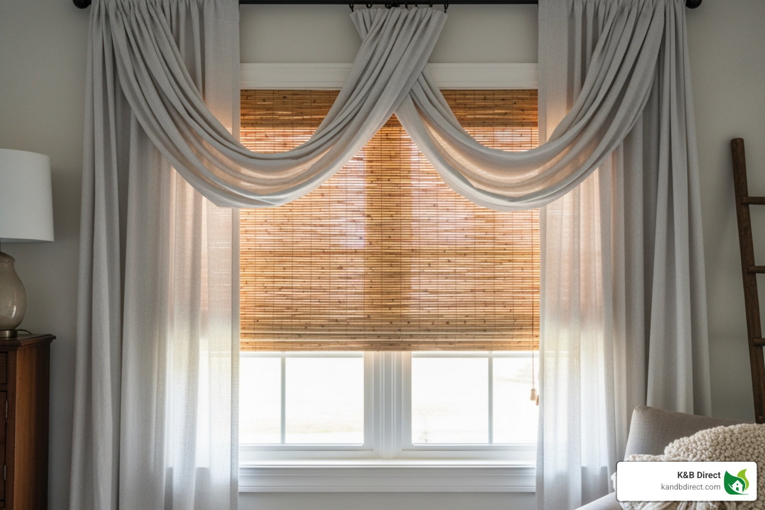 layered window treatment, such as sheer curtains over woven wood shades - what window treatments look best with modern farmhouse decor layered window treatment, such as sheer curtains over woven wood shades - what window treatments look best with modern farmhouse decor