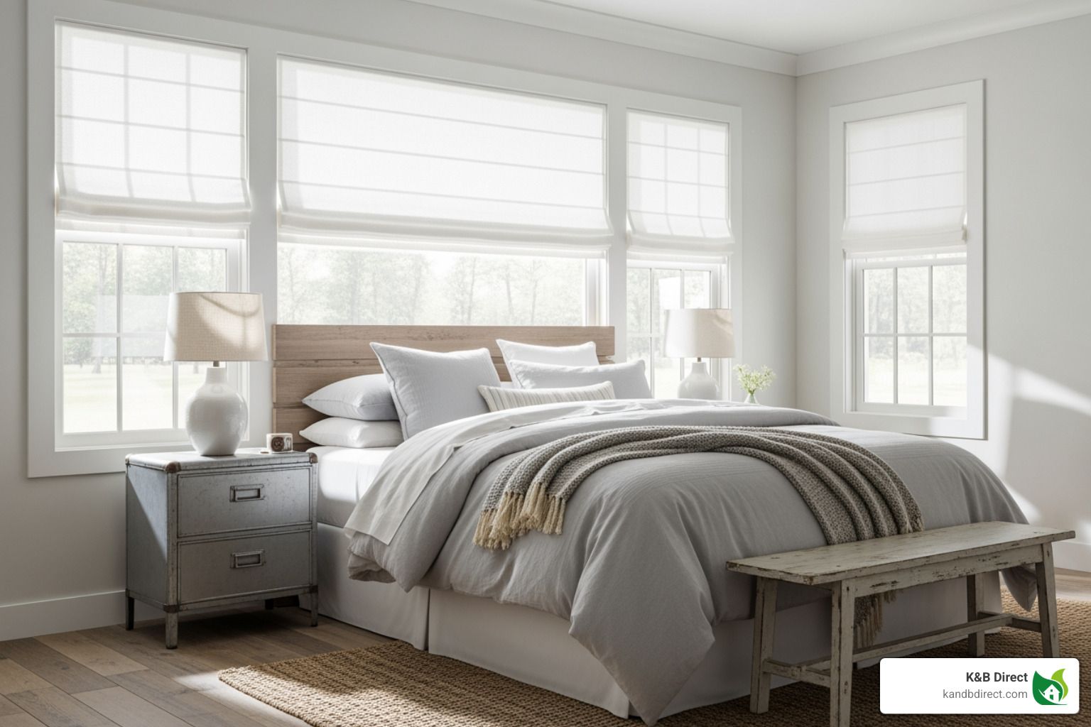 bedroom with crisp, white linen Roman shades - what window treatments look best with modern farmhouse decor bedroom with crisp, white linen Roman shades - what window treatments look best with modern farmhouse decor