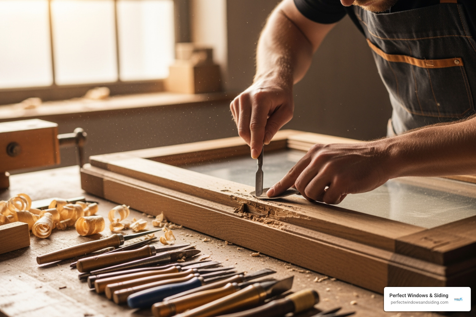 A technician carefully repairing a window frame, focusing on a specific section of wood. - home window repair near me